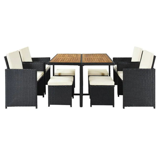 Teil PE Polyrattan Garten Dining Set 9 Teile, PE Polyrattan Garten Dining Set mit Beige Kissen und Holztableop für 8, Schwarz