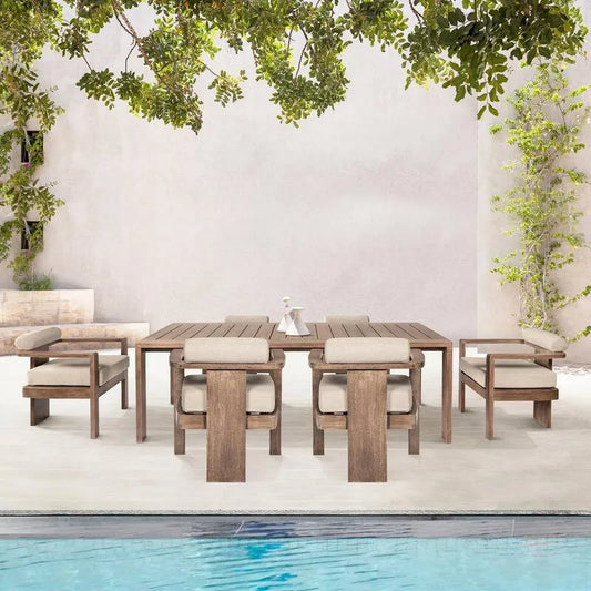 7 Teile Stück Eukalyptus Holz Garten Essgruppe 7-Stück, Relikt, Braunes Eukalyptus Holz Garten Essgruppe mit Taupe Kissen