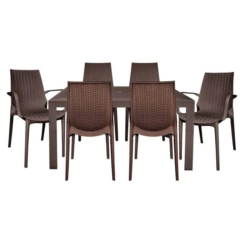 Esstisch, Braun, Kent 7-Pcs Garten-Essgruppe, Plastik Esszimmer Seitenstühle und Armstühle und Rechteck