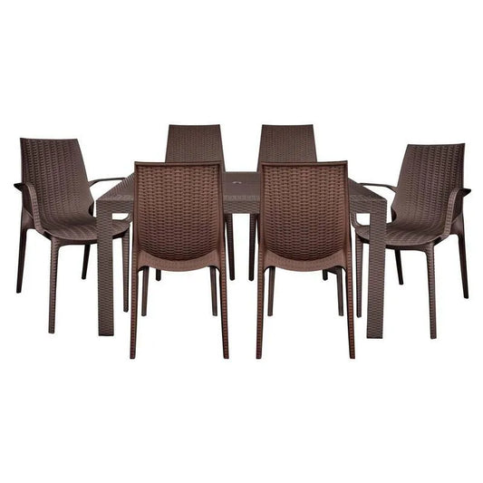 Esstisch, Braun, Kent 7-Pcs Garten-Essgruppe, Plastik Esszimmer Seitenstühle und Armstühle und Rechteck