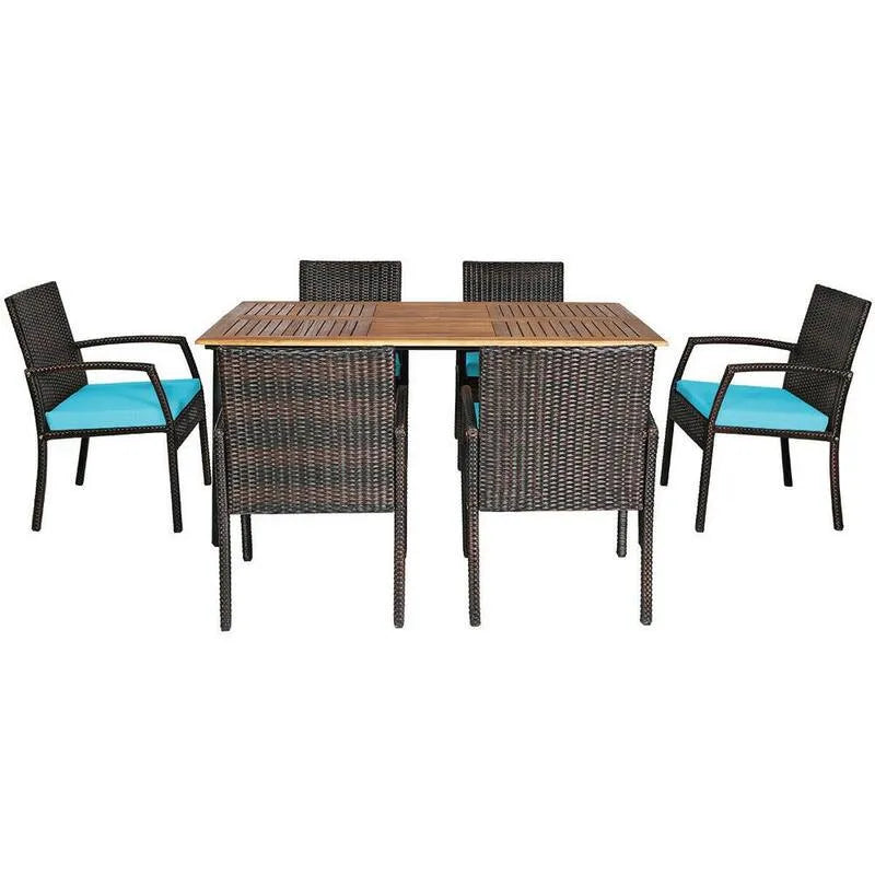 7 Teile Rattan Polyrattan Rechteck Akazienholz Tisch 7-Stück, Garten, Türkis, Garten-Essgruppen