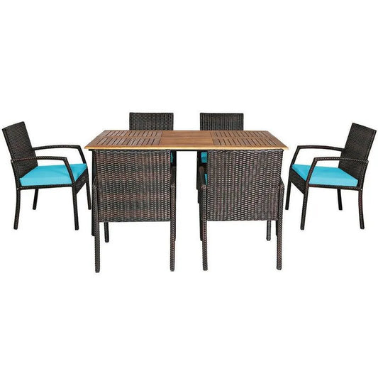 7 Teile Rattan Polyrattan Rechteck Akazienholz Tisch 7-Stück, Garten, Türkis, Garten-Essgruppen