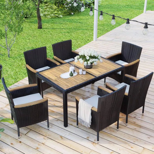 Teil Brown Polyrattan Garten Dining Set 7 Teile, Brown Polyrattan Garten Dining Set mit Beige Kissen, Garten-Essgruppen
