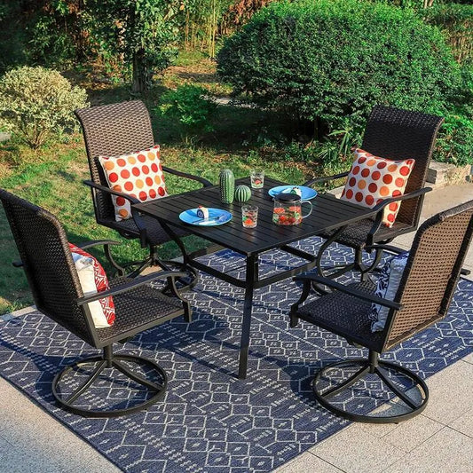 Teil Patio Garten Essgruppe 5 Teile, Patio Garten Essgruppe mit quadratischem Tisch und Rattan Swivel Stuhl