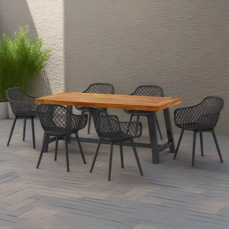 Garten Garten-Essgruppe 7pc, Schwarz + Braun, Polypropylen Stühle, Akazienholz + Eisentisch