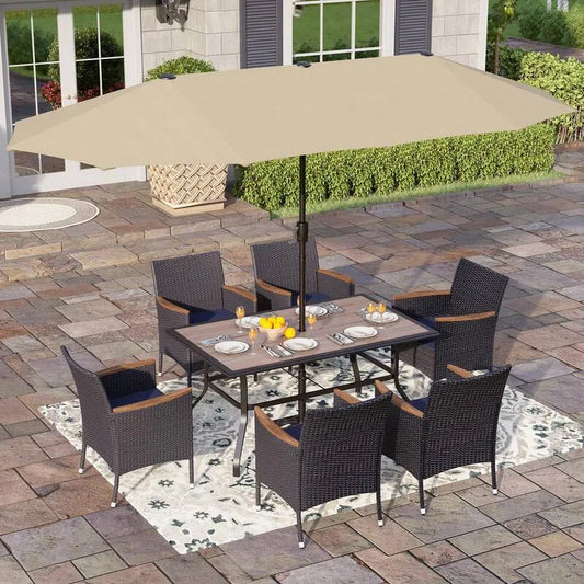 Teil Metal Patio Garten Dining Set 8 Teile, Regenschirm und Rattan Stühle mit Blauem Kissen, Schwarz, Holz, Garten-Essgruppen