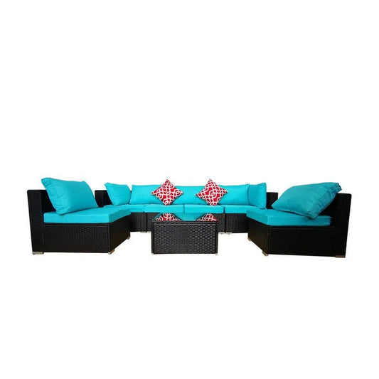Schwarz Polyrattan Garten Chaise Lounge mit blauen Kissen, klassisch