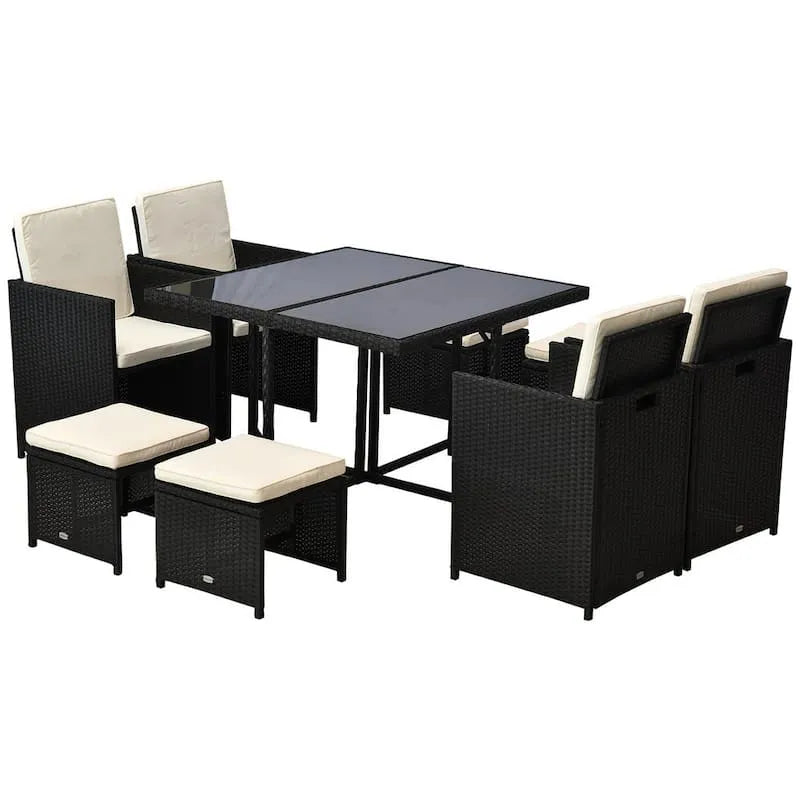 9 Teile mit weißen Kissen, 9-Stahl Polyester Garten Esstisch und Stühle Möbel-Set
