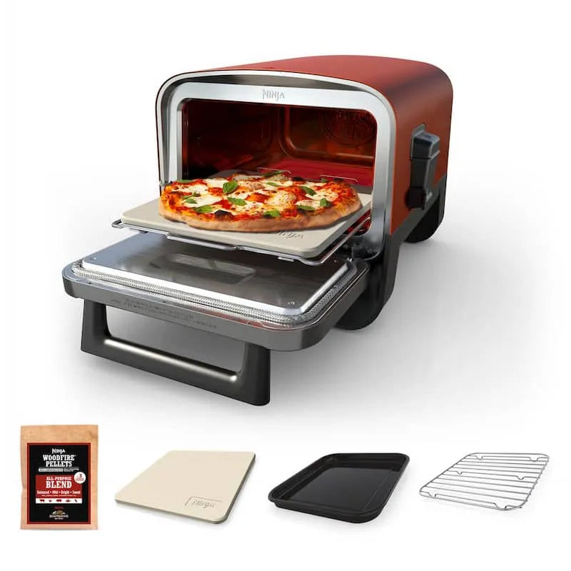 NINJA 8-in-1, 5 Pizza-Einstellungen, 8-in-1 Ofen für die Garten-Küche, BBQ-Raucher mit unserer Woodfire Tech in Rot