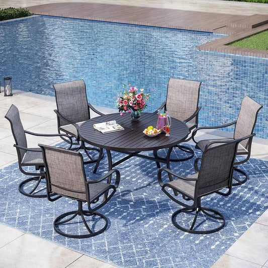 Teil Metal Garten Essgruppe 7 Teile, Metal Garten Essgruppe mit rundem Tisch und Textilene Drehstühle, Schwarz, Braun-Grau, Garten-Essgruppen