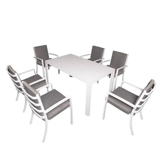 Garten-Essgruppe 7 Teile, 57 in., Rechtecktisch plus 6 Sessel, Garten, Aluminium, Weiß