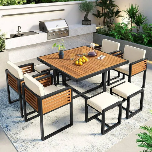 9 Teile Stück Acacia Wood Garten Essgruppe 9-Stück, Acacia Wood Garten Essgruppe mit Beige Kissen und 4 Ottomanen und 1-Square Table