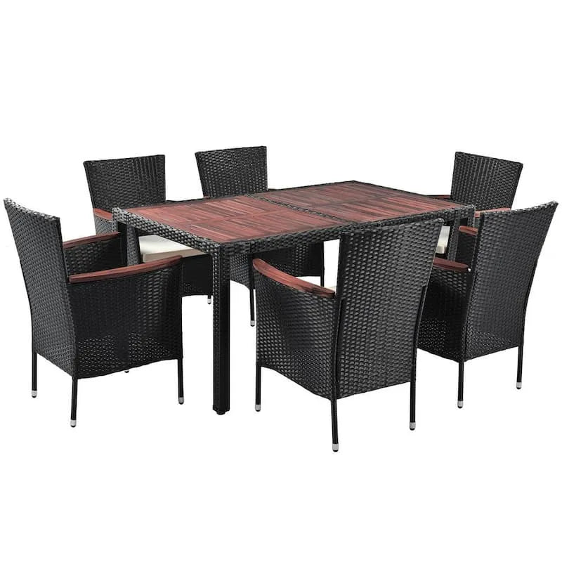 7 Teile Stück rötlich-braunen Polyrattan Garten Essgruppe 7-Stück, Stapelbar, Acacia Holztischplatte
