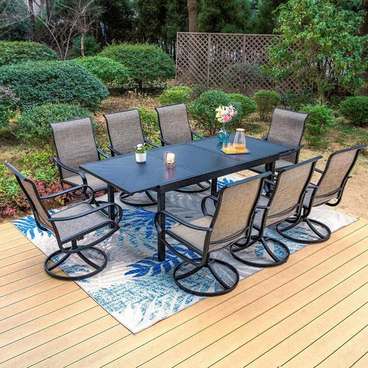 Teil Metal Patio Garten Dining Set 9 Teile, Metal Patio Garten Dining Set mit geometrisch verlängerbaren Tisch und Textilene Swivel Chairs, Schwarz
