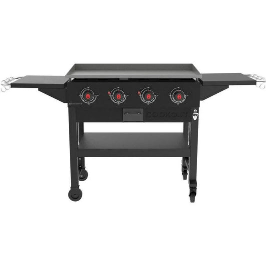 2-Side Coleman 4-Burner Flat Top Grill, Liquid Propan, 36 in., Grease Tray und 2-Seitenregale, Schwarz