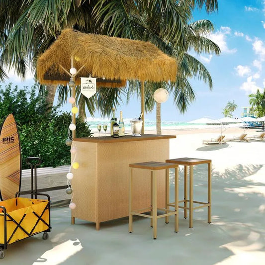 3 Teile Polyrattan Garten Bistro-Set 3-Stück, mit PE Grass Canopy, Natural
