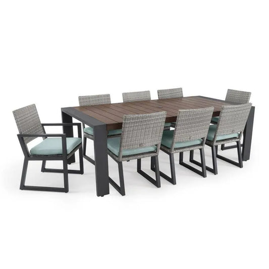 Teil Polyrattan Garten Essgruppe 9 Teile, Grau Polyrattan Garten Essgruppe mit Sunbrella Spa Blue Kissen