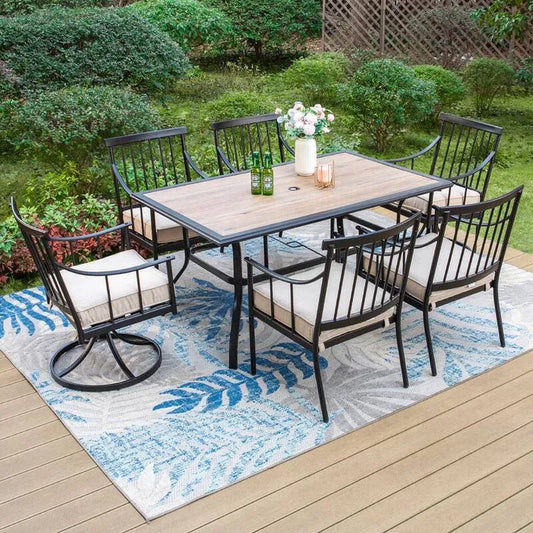 Teil Metal Patio Garten Essgruppe 7 Teile, Metal Patio Garten Essgruppe mit Swivel Stylish Arm Stühle mit Beige Kissen, Schwarz