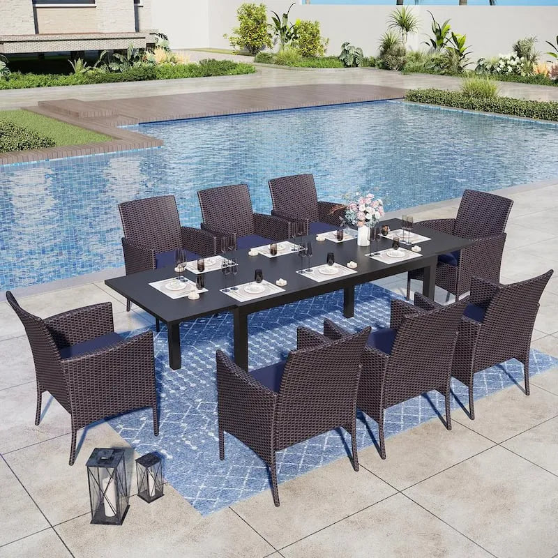 9 Teile Schwarz Metal Patio Garten Essgruppe 9-Stück, Blau