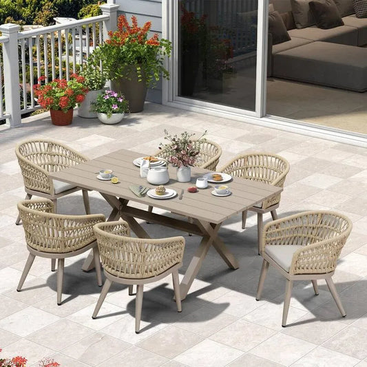 7 Teile PE Rattan Rechteckiges Garten Dining Set 7-Stück, Champagner, Aluminium