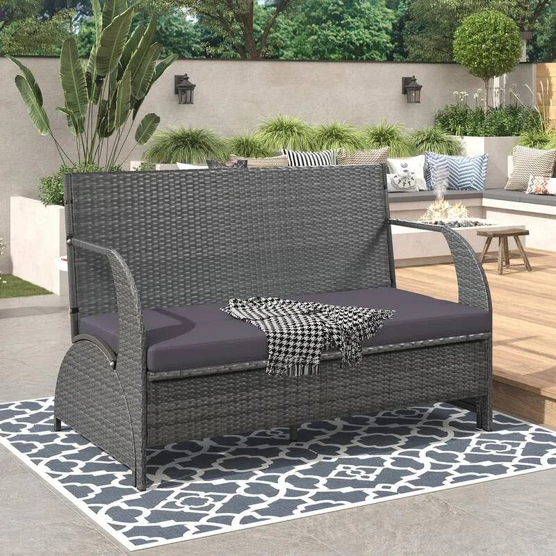 1-Table Loveseat, 57, 1 in. W Grau Polyrattan Garten Loveseat mit grauen Kissen, die in 1-Tabelle konvertierbar sind, Garten, 57.1 in