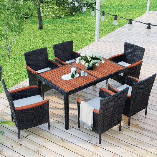 7 Teile Esstisch 7-Stück, rotbraun, Polyrattan Garten Essgruppe, Holz, Weiß, Patio Esstisch und Stühle mit Holztableop und weißen Kissen, Garten-Essgruppen