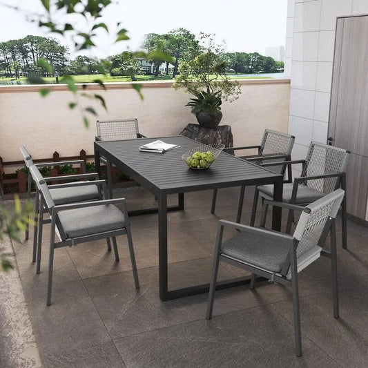 6-Chairs 7 Teile Stück Aluminium Garten Essgruppe 7-Stück, Premium Rust-Resistant Tisch & 6-Stuhlen mit gewebtem Seil