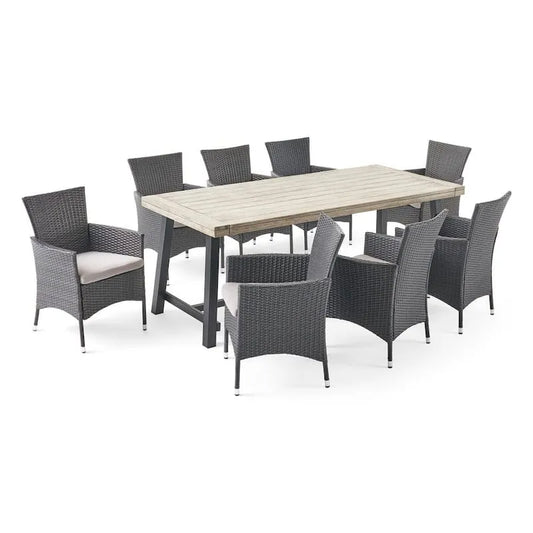 Metall Rechteckige Terrasse Garten Essgruppe 9 Teile, 30 in., Grau, Lichtgrau, Garten-Essgruppen