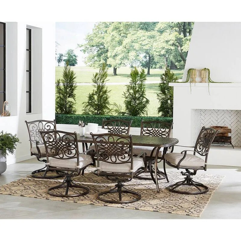 7 Teile Stück Aluminium Garten Essgruppe 7-Stück, 38x72 in, Renditions, Silber, 6 Swivel Rockers und 38x72 in. Tisch