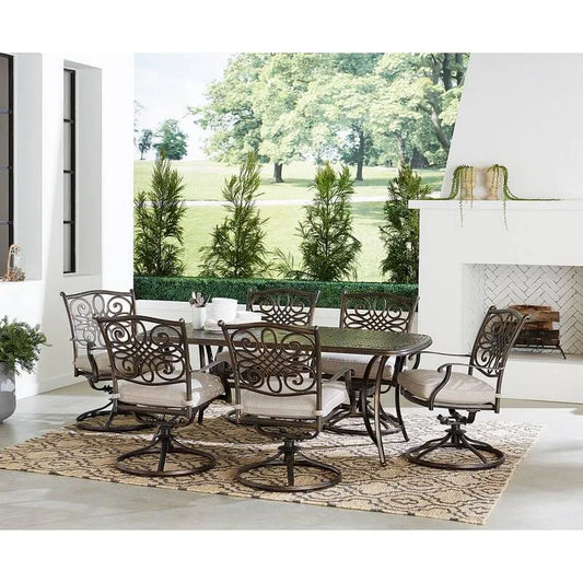 7 Teile Stück Aluminium Garten Essgruppe 7-Stück, 38x72 in, Renditions, Silber, 6 Swivel Rockers und 38x72 in. Tisch