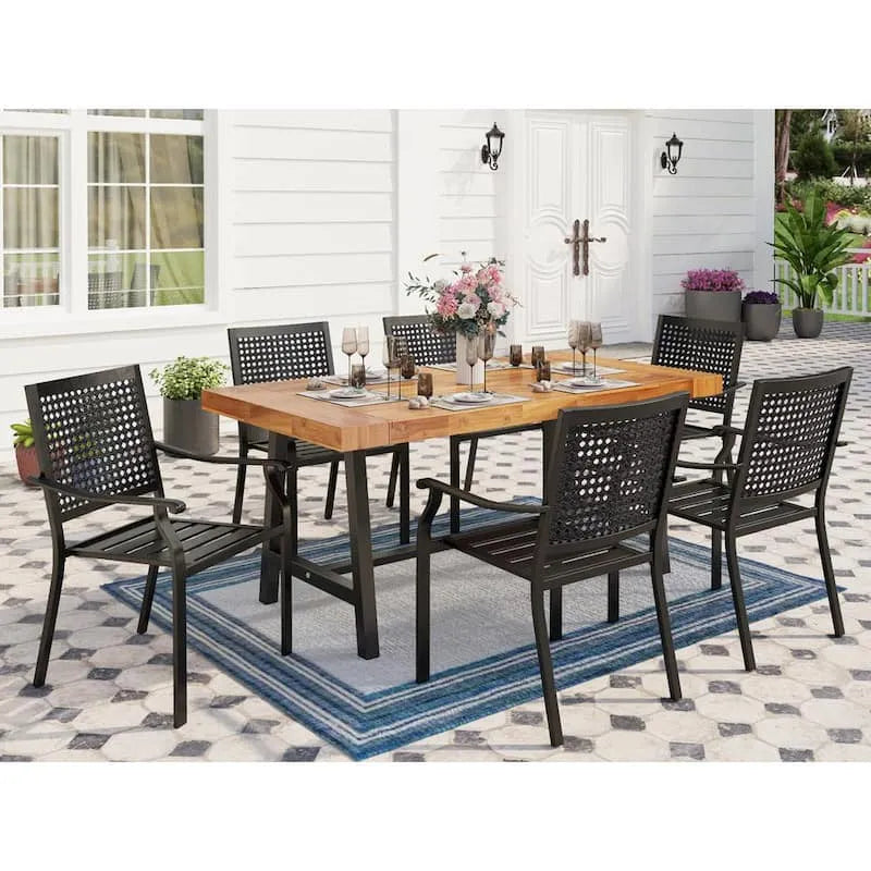 7 Teile Esstisch 7-Stück, Terrasse, Garten, Metall, Holz