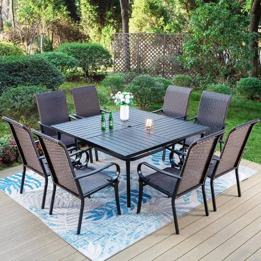 Teil Metal Garten Dining Set 9 Teile, Metal Garten Dining Set mit quadratischem Tisch und gebogenen Armlehnen High-Back Rattan Stühlen