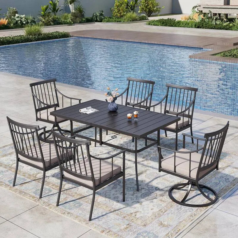 Teil Metal Garten Dining Set 7 Teile, Metal Garten Dining Set mit Rechtecktisch und Drehstühlen mit Beige Kissen