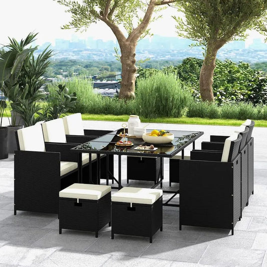 Teil Polyrattan Garten Essgruppe 11 Teile, Polyrattan Garten Essgruppe Patio Stühle und gehärteter Glastisch mit wasserdichten weißen Kissen