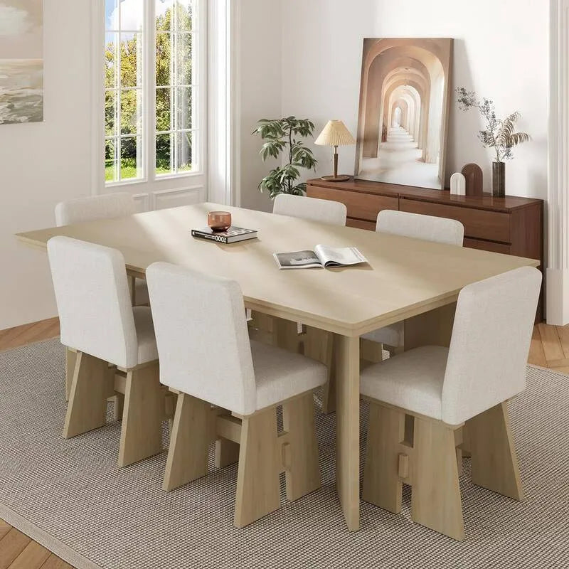 7 Teile Esstisch 7-Stück, Terrasse, Garten, Holz, Beige