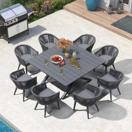 PE-Rattan Square Garten Essgruppe, 9 Stück, Grau, Aluminium, 9 Teile, Graue moderne Rückenlehne, Garten-Essgruppen