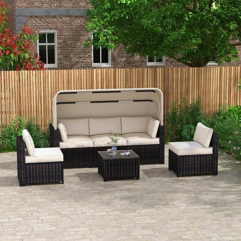 4 Teile Stück Polyrattan Garten Sektional Set 4- Stück, Polyrattan Garten Sektional Set mit Hebetisch und Canopy Beige Kissen