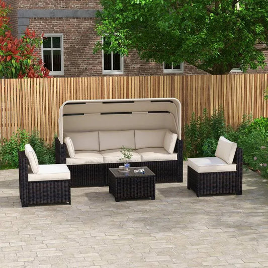 4 Teile Stück Polyrattan Garten Sektional Set 4- Stück, Polyrattan Garten Sektional Set mit Hebetisch und Canopy Beige Kissen