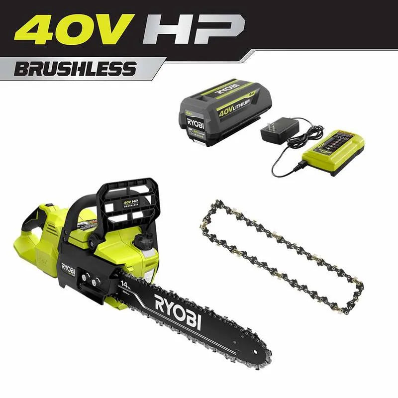 RYOBI, 40V, 14 in., 4. 0 Ah, bürstenlos, Akku, Ladegerät, 4.0 Ah, Grün, Akku Kettensägen