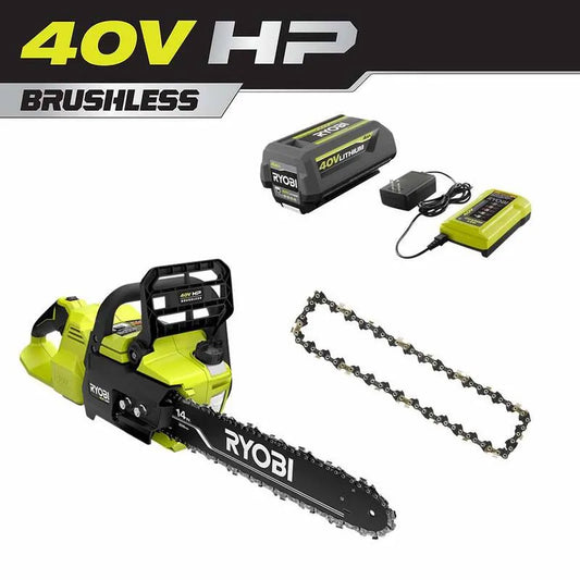 RYOBI, 40V, 14 in., 4. 0 Ah, bürstenlos, Akku, Ladegerät, 4.0 Ah, Grün, Akku Kettensägen