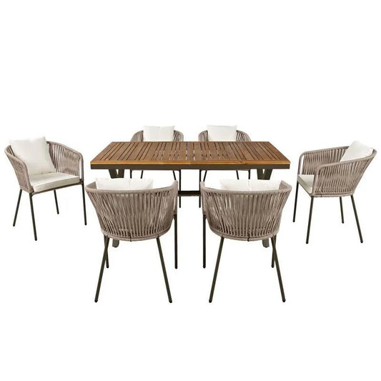 Teil Metal Garten Dining Set 7 Teile, Allwetter-Metal Garten Dining Set mit Beige Kissen für Garten