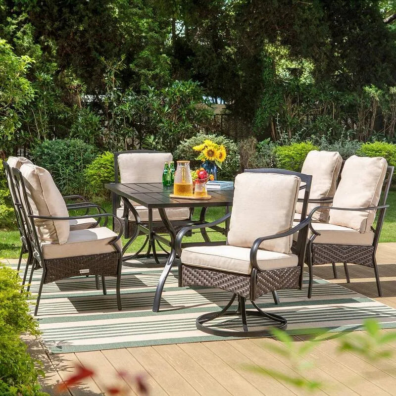 Teil Metal Patio Garten Essgruppe 7 Teile, Metal Patio Garten Essgruppe mit schwarzem Rechtecklattentisch und Stühlen mit Beige Kissen