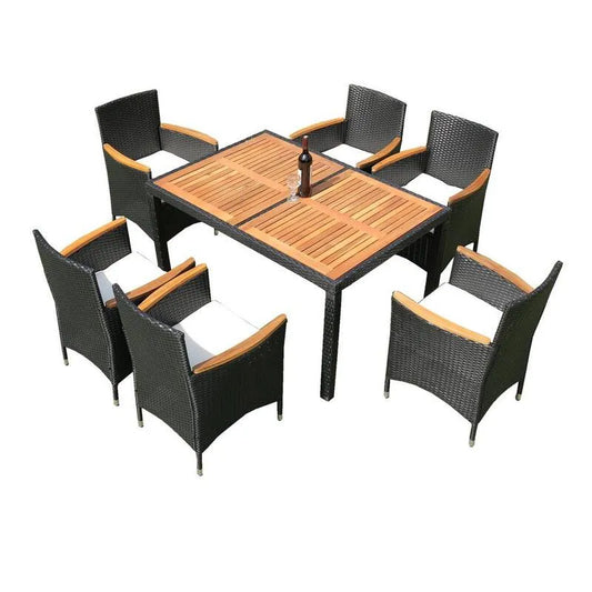 7 Teile Metal Rattan Garten Essgruppe 7-Stück, Metal Rattan Garten Essgruppe mit Brown Kissen