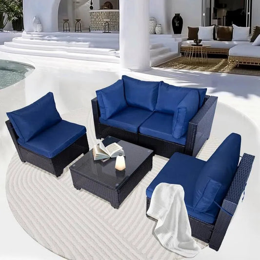 1-Side Teil Schwarz Polyrattan Garten Sektional Set 5 Teile, Schwarz Polyrattan Garten Sektional Set mit Blue Kissen und 1-Seitentisch für Patio
