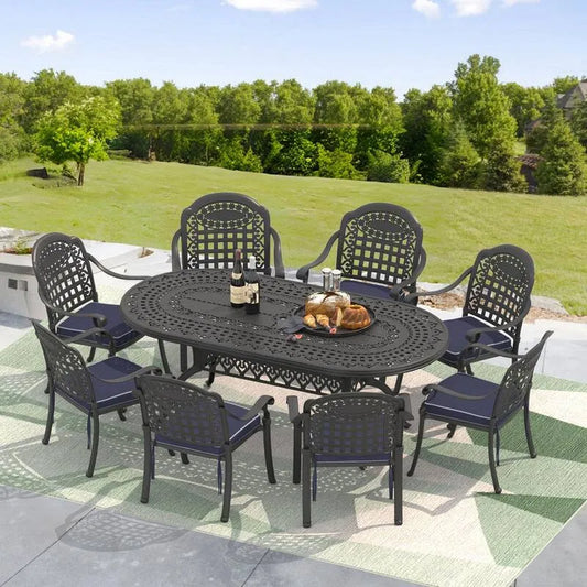Stück Garten Essgruppe 9 Teile, 81, 89 in., 41, 34 in., Oval Table und Random Color Kissen, Vintage, Aluminium, 81.89 in, 41.34 in