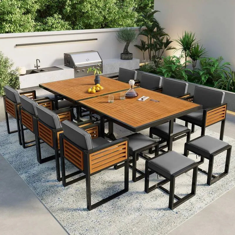 8-Chairs 18 Teile Wood Patio Garten Essgruppe 18-Stück, 8-Stuhlen und Osmanen, Schwarz, Metall, Grau