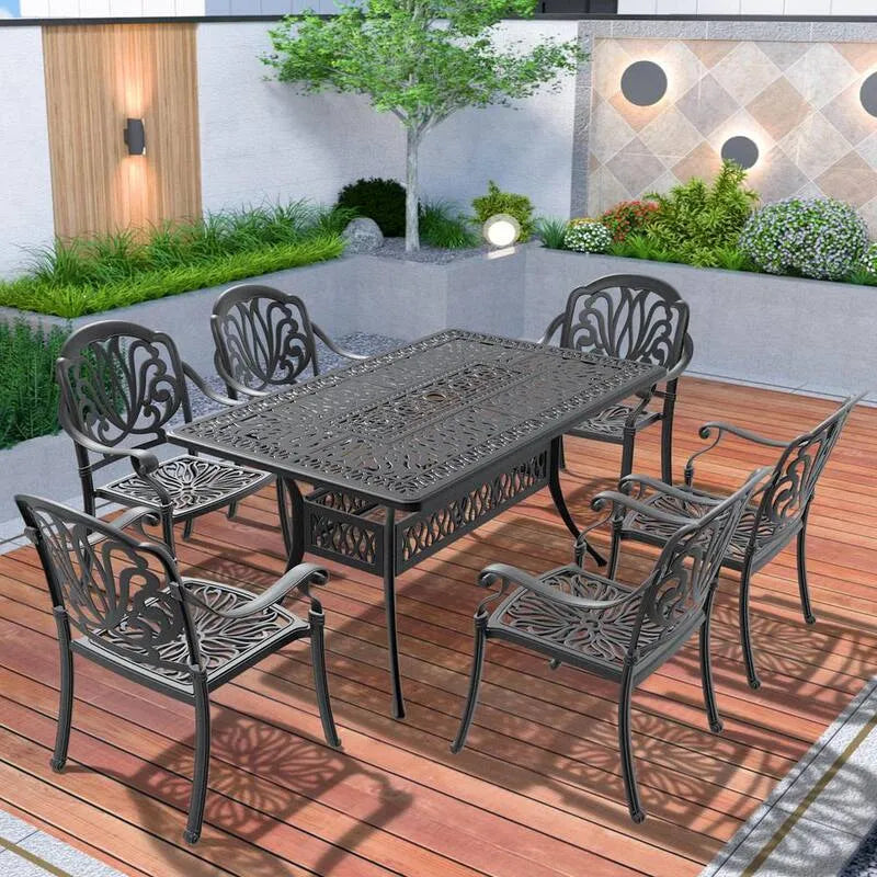 7 Teile Stück gegossenes Aluminium Garten Bistro-Set 7-Stück, Patio, Schwarz