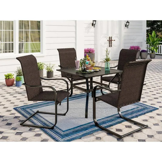 Teil Patio Garten Essgruppe 5 Teile, Patio Garten Essgruppe mit quadratischem Tisch und C-Spring Rattan Stuhl