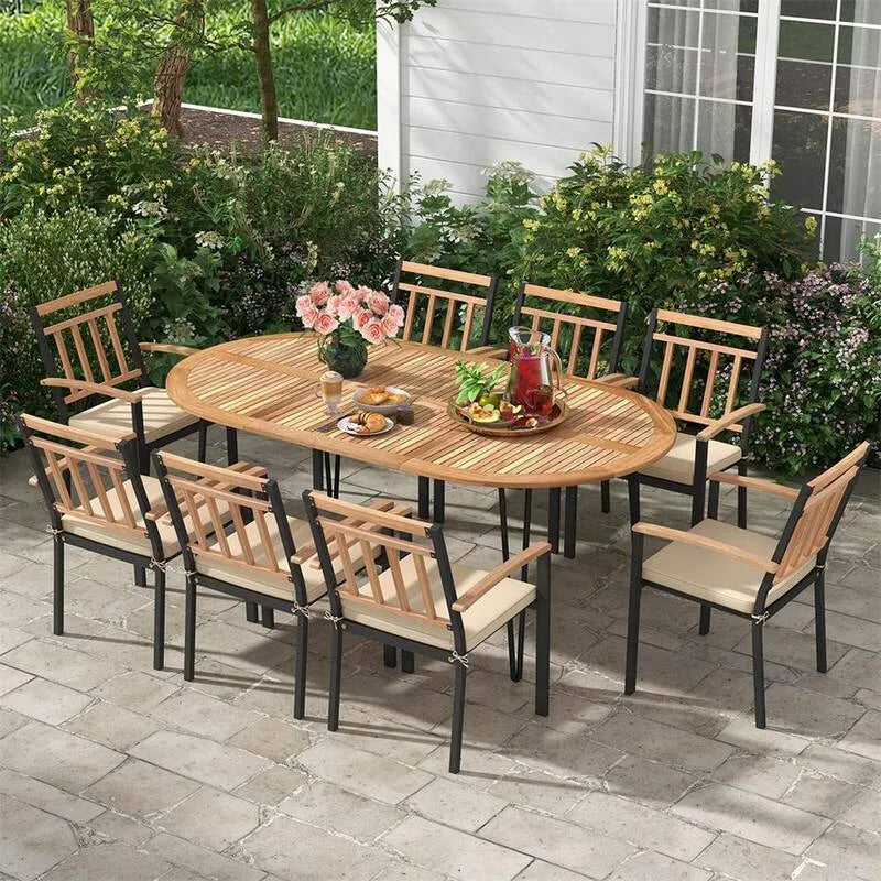 9 Teile Stück Holz Oval Garten Essgruppe 9-Stück, Natural, Wood Oval Garten Essgruppe mit Beige Kissen