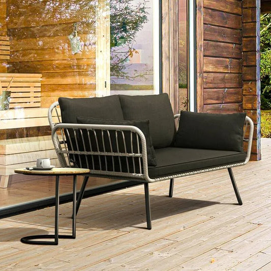 Loveseat, Garten, Schwarz Frame Grau Polyrattan Garten mit Schwarz Kissen